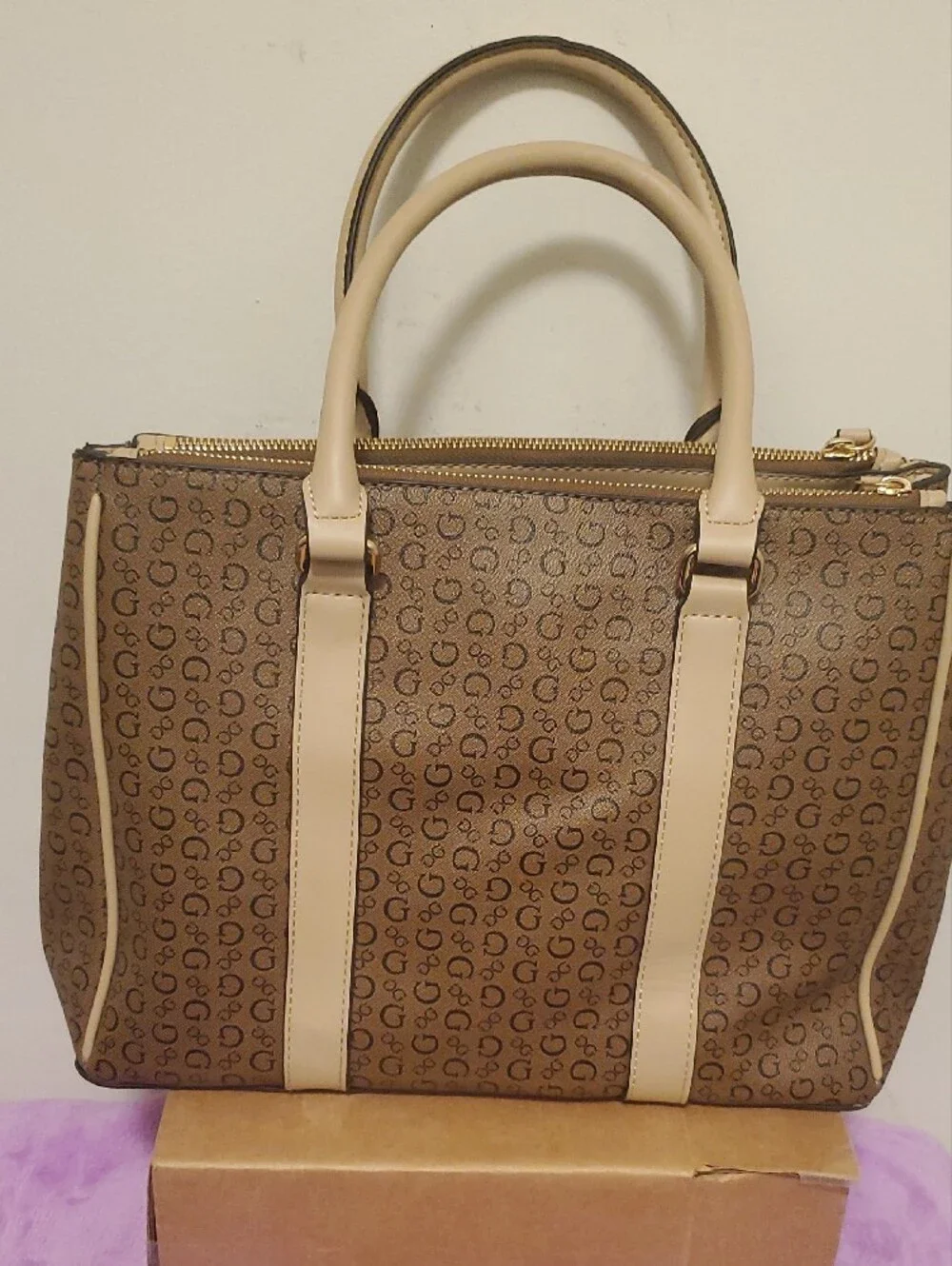 GUESS Brown Monogram Satchel with Cream Trim and Gold Hardware